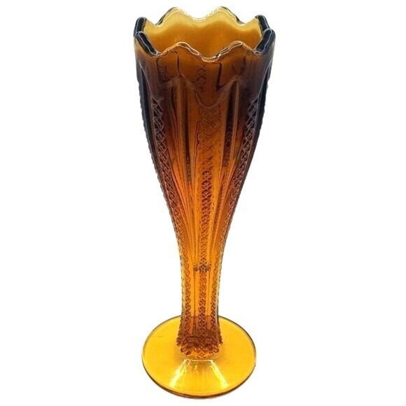 Indiana Glass Other - Vintage Indiana Glass Tiara Zipper 10" Vase Amber Honey Ombre Mardi Gras Ribbon
